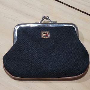 Vintage Tommy Hilfiger Coin Purse Black w/Brown Trim Silver Kiss Lock Closure